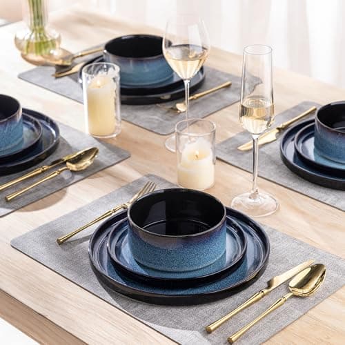 LERATIO Blue Ceramic Dinnerware Set for 4, Round Reactive Glaze Plates & Bowls, Chip & Crack Resistant, Dishwasher & Mic