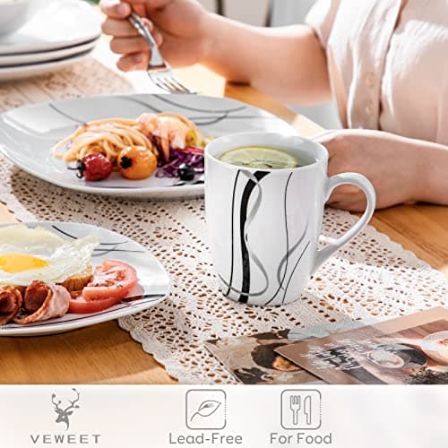 6-Piece Ceramic Coffee Mugs Set, 11 OZ, White Porcelain Cups, Microwave Dishwasher Safe for Kitchen - Fiona Series