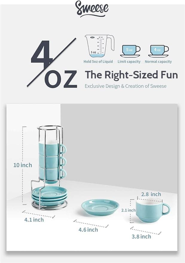 Sweese Turquoise Porcelain Espresso Cups with Saucers & Metal Stand (Set of 4)
