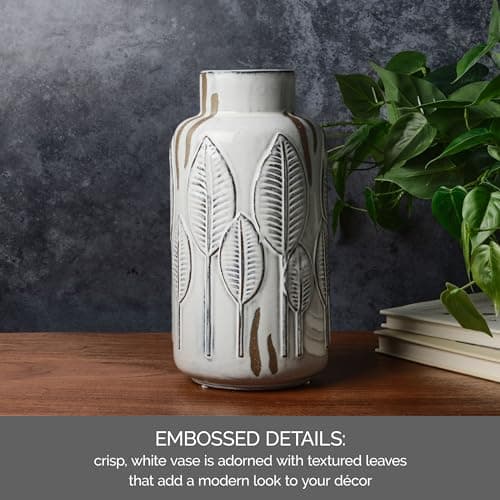 Mikasa Embossed Leaves White Beige Ceramic Vase