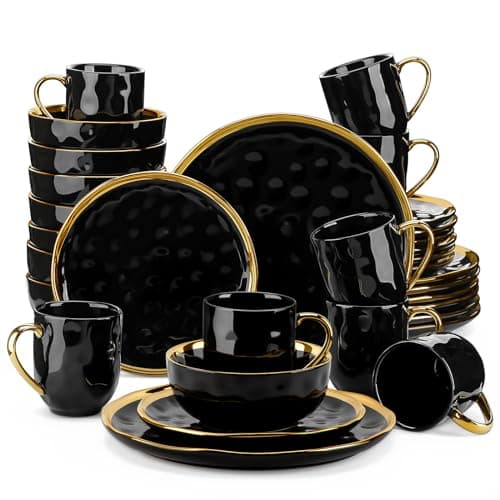 LOVECASA White and Gold Porcelain Dinnerware Set, 12-Piece Plate and Bowl Kit, Dishwasher Safe — Black and Gold