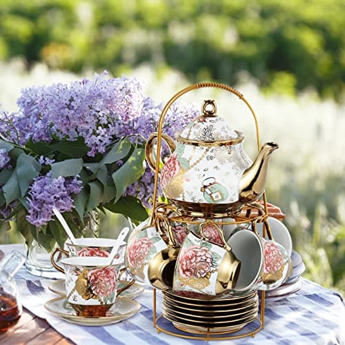 20 Piece Porcelain Tea Set with Metal Holder for Women with Flower Painting, Large Version