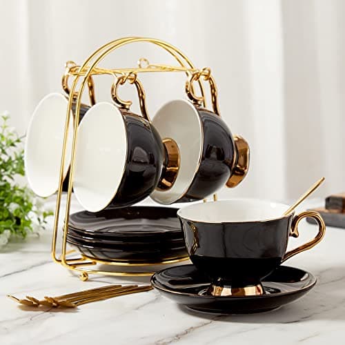 DUJUST Pink Tea Cup Set with Saucers (Set of 4) - 8 oz Porcelain with Gold Trim and Metal Stand — Black Luxury - set of 4