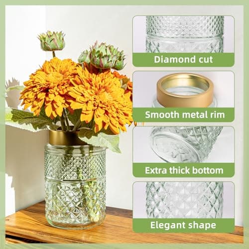 2-Pack Green Fluted Glass Vase with Golden Top, Stylish Decor for Home Centerpieces