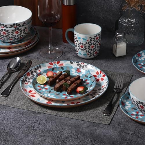 Lorren Home Trends 16-Piece Floral Blue Red Dinnerware Set