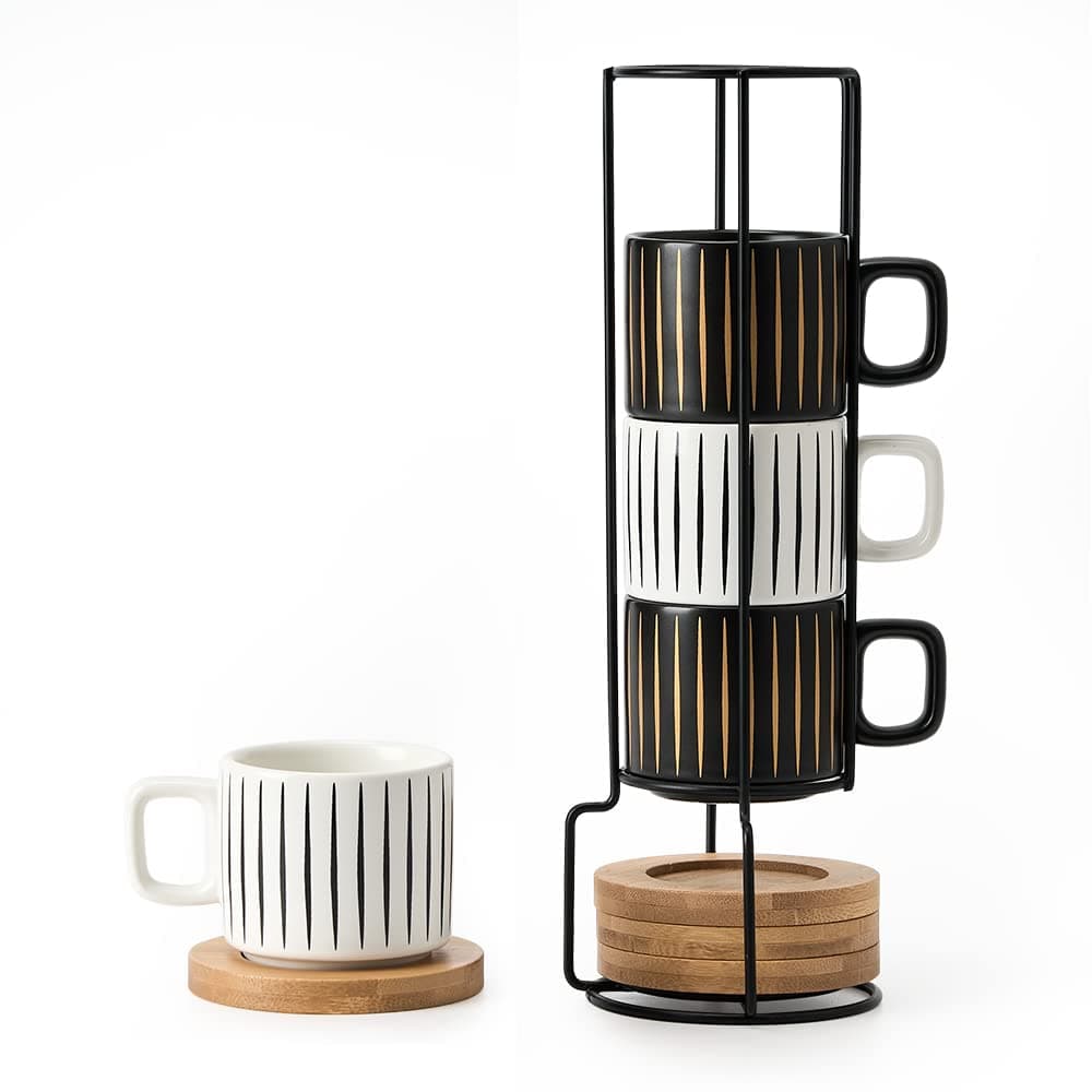 Luka Porcelain Espresso Cup Set of 4, White & Black, 4 Ounce
