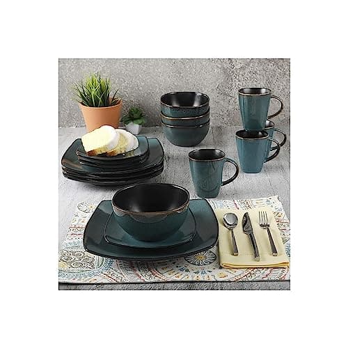 Gibson Elite Soho Lounge Dinnerware Set, Soft Square, Teal, Service for 4 (16pc)