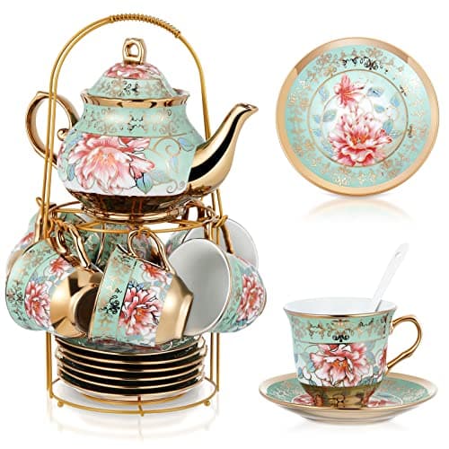 20 Piece Porcelain Tea Set with Metal Holder for Women with Flower Painting, Large Version — Fresh Style
