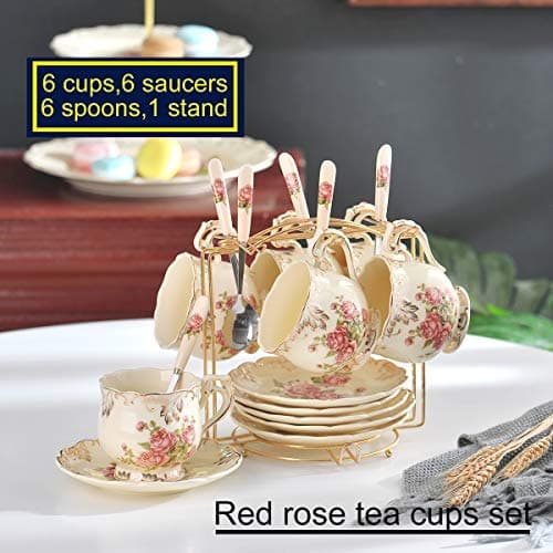 YOLIFE Ivory Pink Rose Vintage Floral Porcelain Tea & Coffee Set of 6
