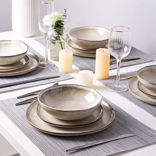 AmorArc Ceramic Dinnerware Set, Handmade Reactive Glaze Plates & Bowls, Chip & Crack Resistant, Dishwasher & Microwave S