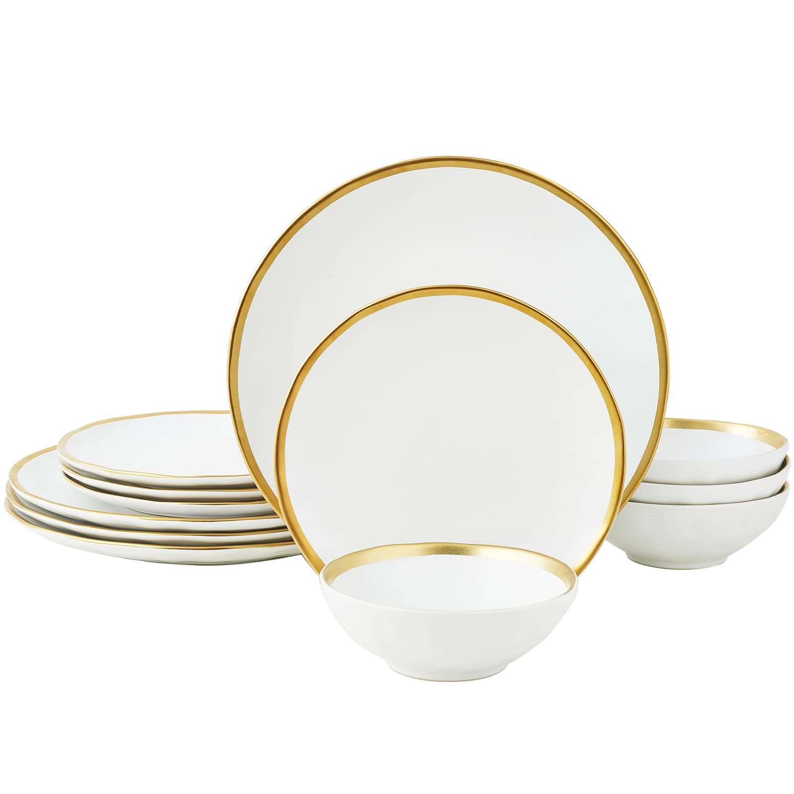 Luxury Gold Rim Porcelain Plate & Bowl Sets, 12-Piece Dinnerware for 4, No Microwave Safe