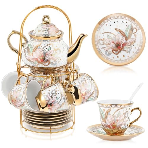 20 Piece Porcelain Tea Set with Metal Holder for Women with Flower Painting, Large Version — Traditional Style