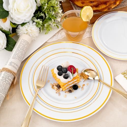B UCLA 350PCS Gold Plastic Dinnerware Set for 50 Guests Party Supplies