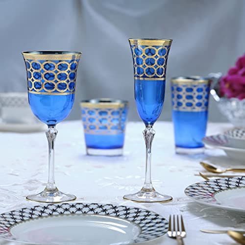 Lorren Home Trends Cobalt Blue Champagne Flutes with Gold Rings, 4-Piece Set