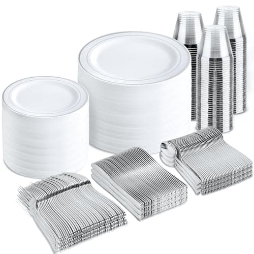 B UCLA 350PCS Gold Plastic Dinnerware Set for 50 Guests Party Supplies — White/Silver