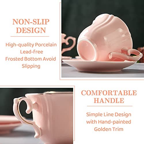 DUJUST Pink Tea Cup Set with Saucers (Set of 4) - 8 oz Porcelain with Gold Trim and Metal Stand