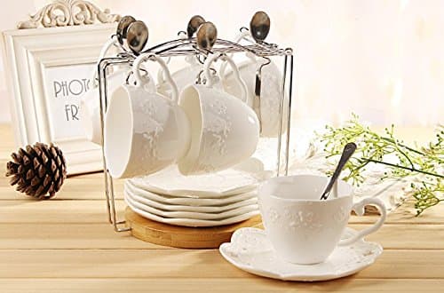 Jusalpha White Porcelain 5OZ Tea Cup and Saucer Set, Set of 6
