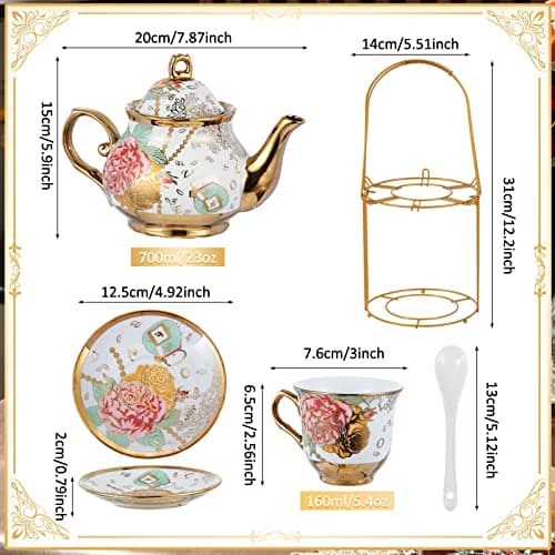 20 Piece Porcelain Tea Set with Metal Holder for Women with Flower Painting, Large Version