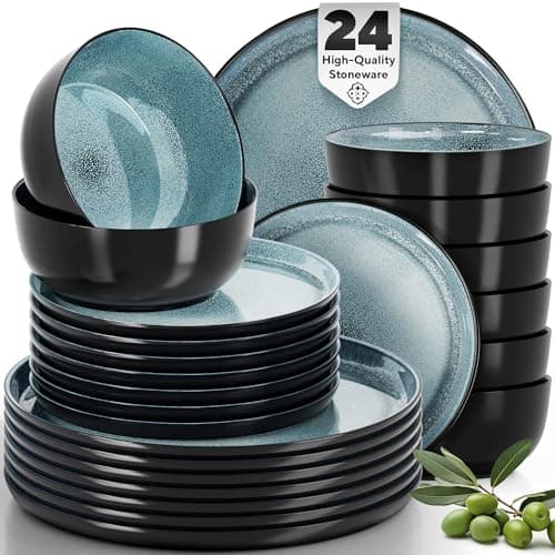Modern Black and Petrol Blue Stoneware Dinnerware Set - 24 Piece for 8