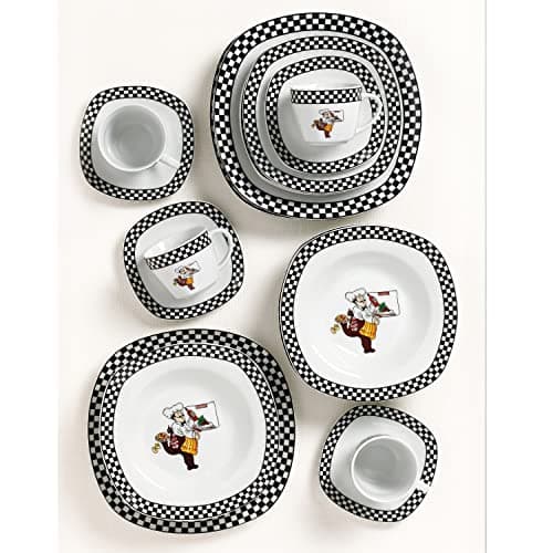 Square Porcelain Dinnerware Set for 4 - Chef Design, Black