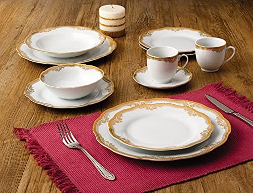 Lorren Home Trends Catherine 24-Piece Porcelain Dinnerware Set, Gold
