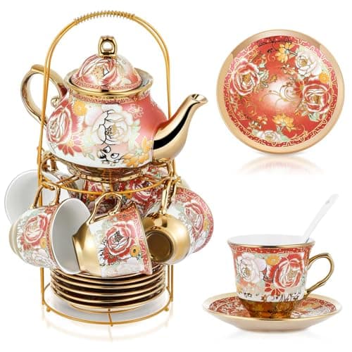 20 Piece Porcelain Tea Set with Metal Holder for Women with Flower Painting, Large Version — Noble Style