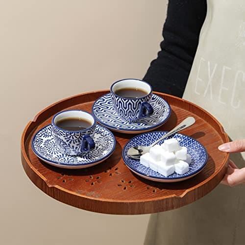 Selamica Ceramic 2 oz Espresso Cups, Vintage Blue Saucers, Porcelain Latte Set of 6