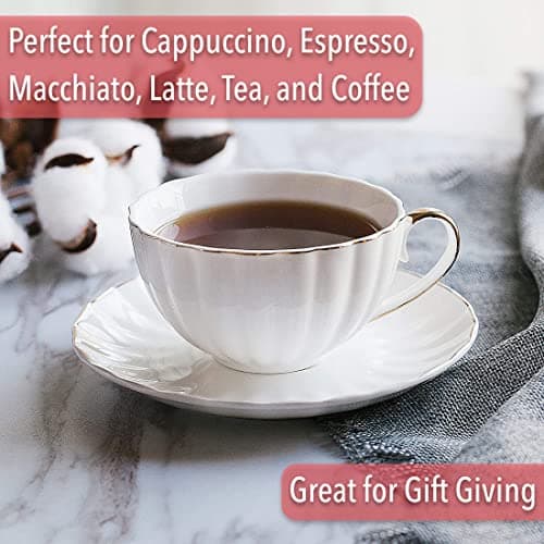 Gold Trimmed British Porcelain Cappuccino Cup Set, 6-Piece White Tea Cups