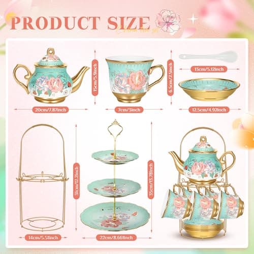 21pcs Green Porcelain Teapot Set Cupcake Stand Ceramic Tea Cups Saucers for Women Tea Parties Gifts