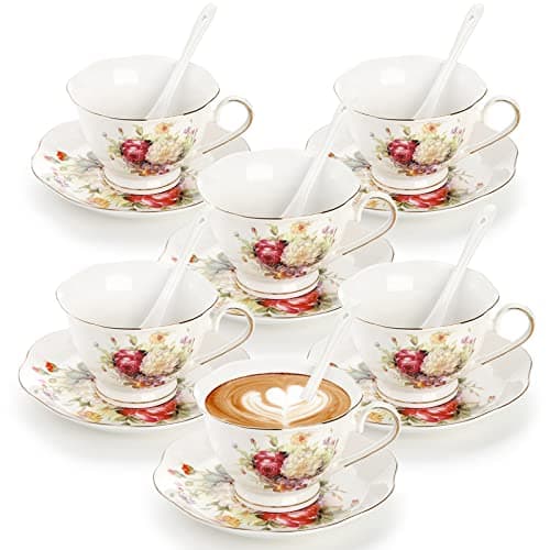 Foraineam 6-Piece Floral Tea Cup Set with Gold Trim