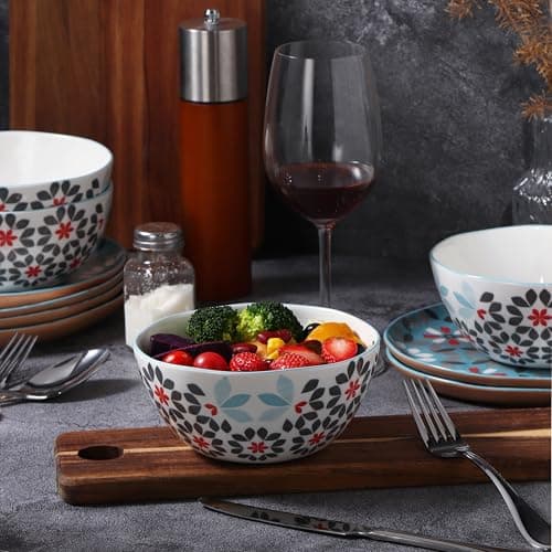 Lorren Home Trends 16-Piece Floral Blue Red Dinnerware Set