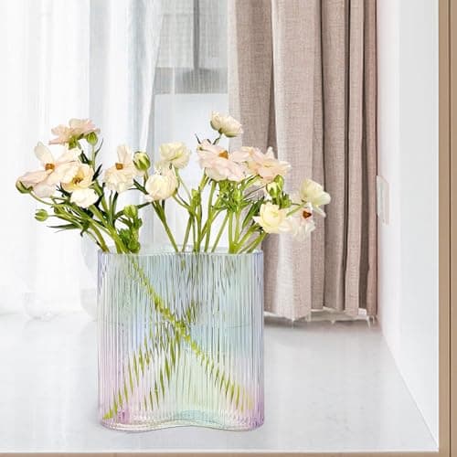 Aoderun Footprint Shape Ribbed Glass Vase for Flowers, Modern Large Vase for Living Room Dining&Coffee Table Kitchen Office Home Shelf Wedding Party Decor (Iridescent Clear)