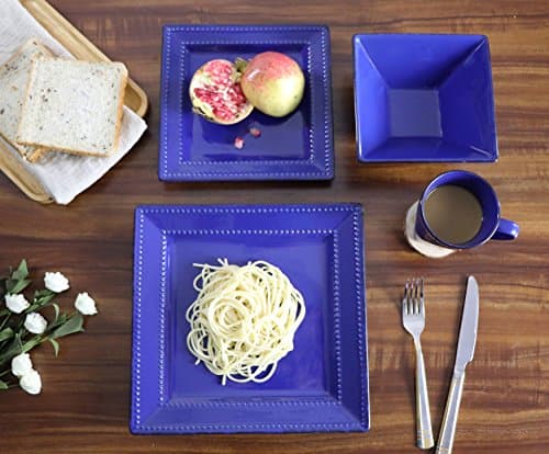 Square Beaded Stoneware Dinnerware Set, 16 Pieces, Blue