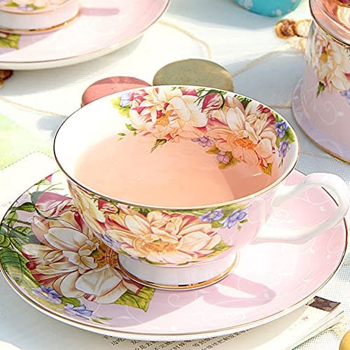 ONEUSTAR Pink Vintage Floral Bone China Tea Cup and Saucer Set