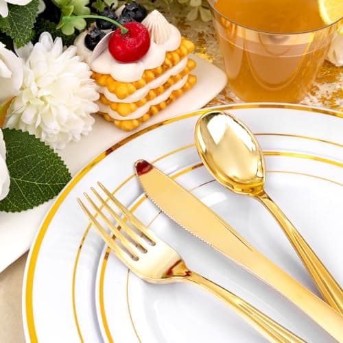 B UCLA 350PCS Gold Plastic Dinnerware Set for 50 Guests Party Supplies