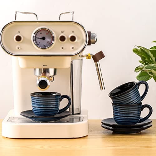 Set of 4 Navy Blue Ceramic Espresso Cups with Saucers
