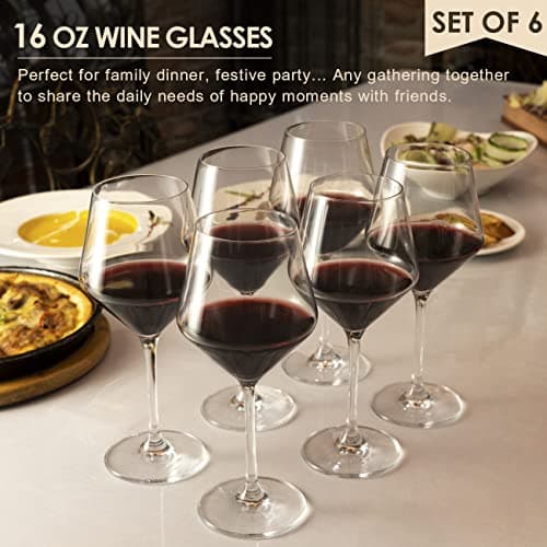 Lead-Free Premium Crystal White & Red Wine Glasses, Hand Blown Italian Style, 6 Pack(16oz)