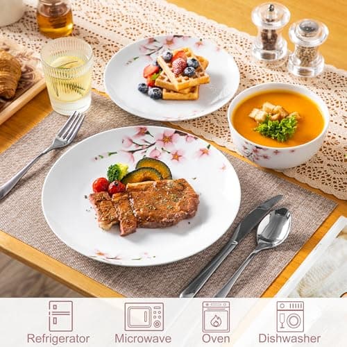 VEWEET Pink Floral Porcelain Dinnerware Set for 4, 12 Pieces Annabelle Series