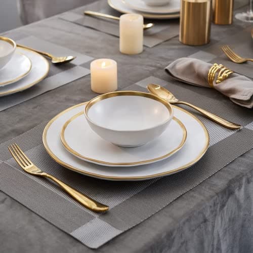 Luxury Gold Rim Porcelain Plate & Bowl Sets, 12-Piece Dinnerware for 4, No Microwave Safe
