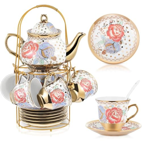 20 Piece Porcelain Tea Set with Metal Holder for Women with Flower Painting, Large Version — Romantic Style