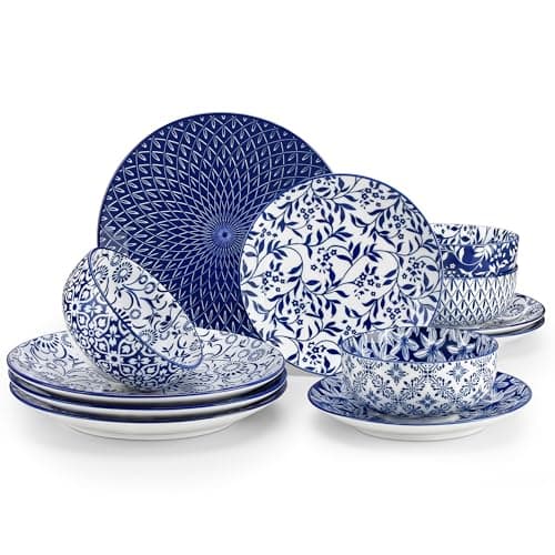Vancasso SELENE 4-Piece Plates and Bowls Set, Microwave & Dishwasher Safe Porcelain Blue