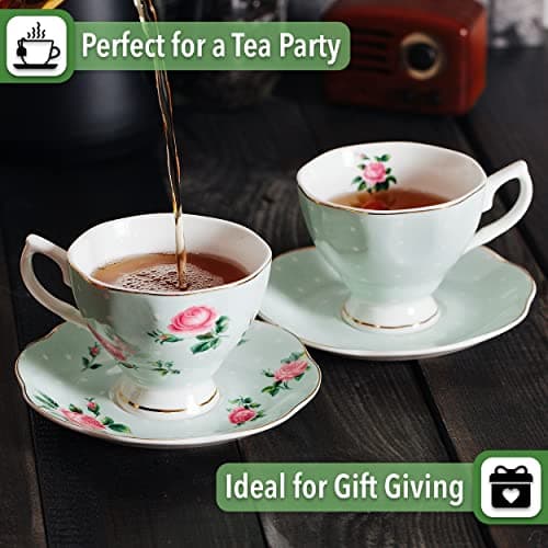 Floral Tea Cups and Saucers Set, Porcelain with Gold Trim, 8oz