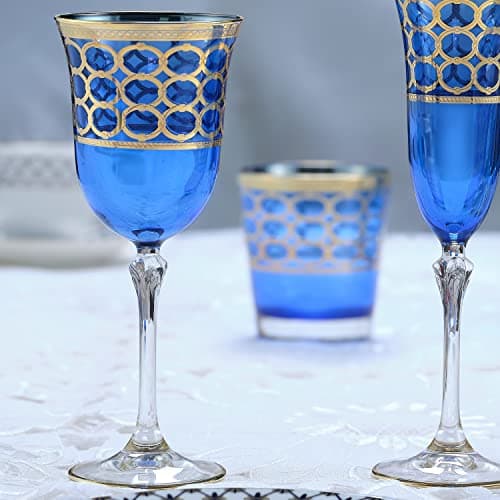 Lorren Cobalt Blue White Wine Goblet with Gold Rings, Set of 4