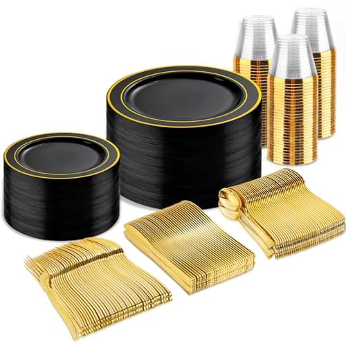 B UCLA 350PCS Gold Plastic Dinnerware Set for 50 Guests Party Supplies — Black/Gold