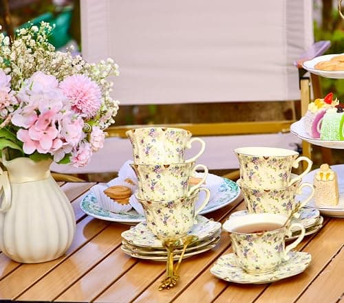 TATSUMI Country Roses 18-Piece Bone China Tea Cup & Saucer Set
