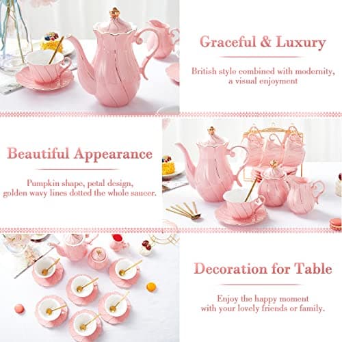 DUJUST 22 Piece Pink Luxury Tea/Coffee Set, Golden Trim, Perfect Gift for Women