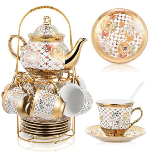 20 Piece Porcelain Tea Set with Metal Holder for Women with Flower Painting, Large Version — Delicate Style