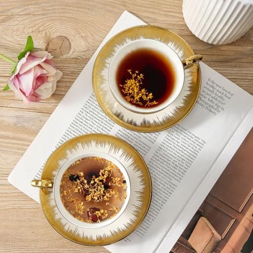LETAOTAO Gold Trimmed Ceramic Coffee Cup Set 6pcs 7 oz