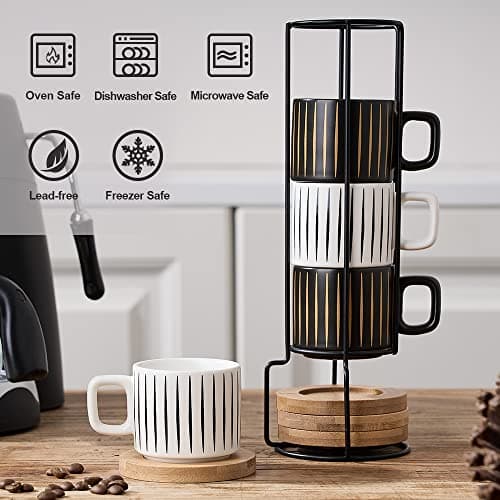 Luka Porcelain Espresso Cup Set of 4, White & Black, 4 Ounce