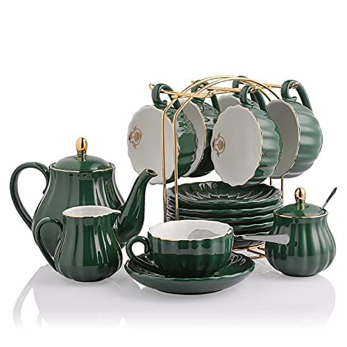 Sweejar British Royal Porcelain Tea Set, 8oz Cups & Saucer for 6 Guests, Teapot Included — Dark Green